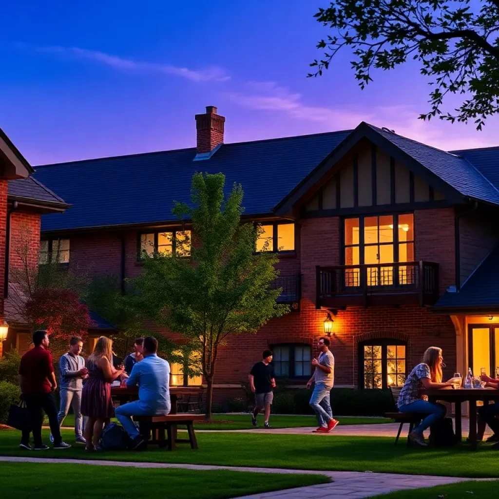Students socializing outside fraternity houses on campus