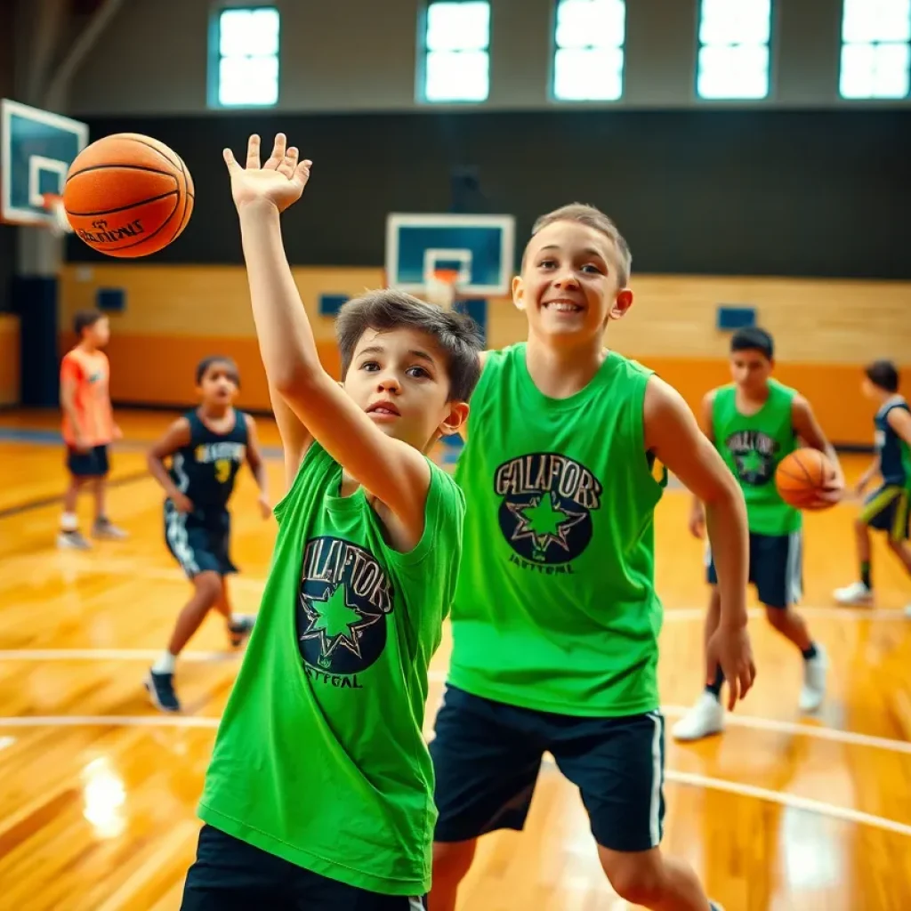 Young players practicing basketball on the court.