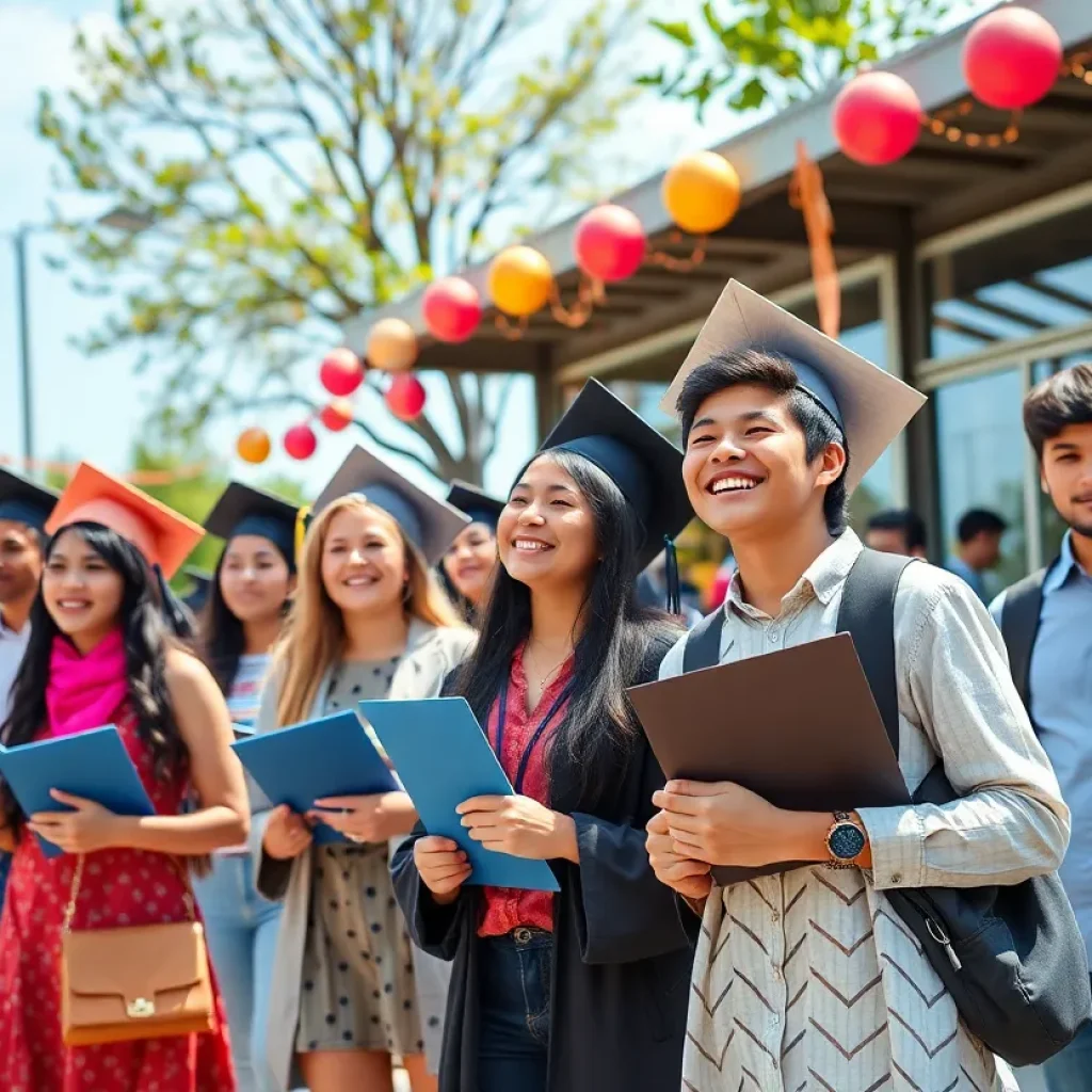 Outdoor celebration of students' academic successes with awards and decorations.