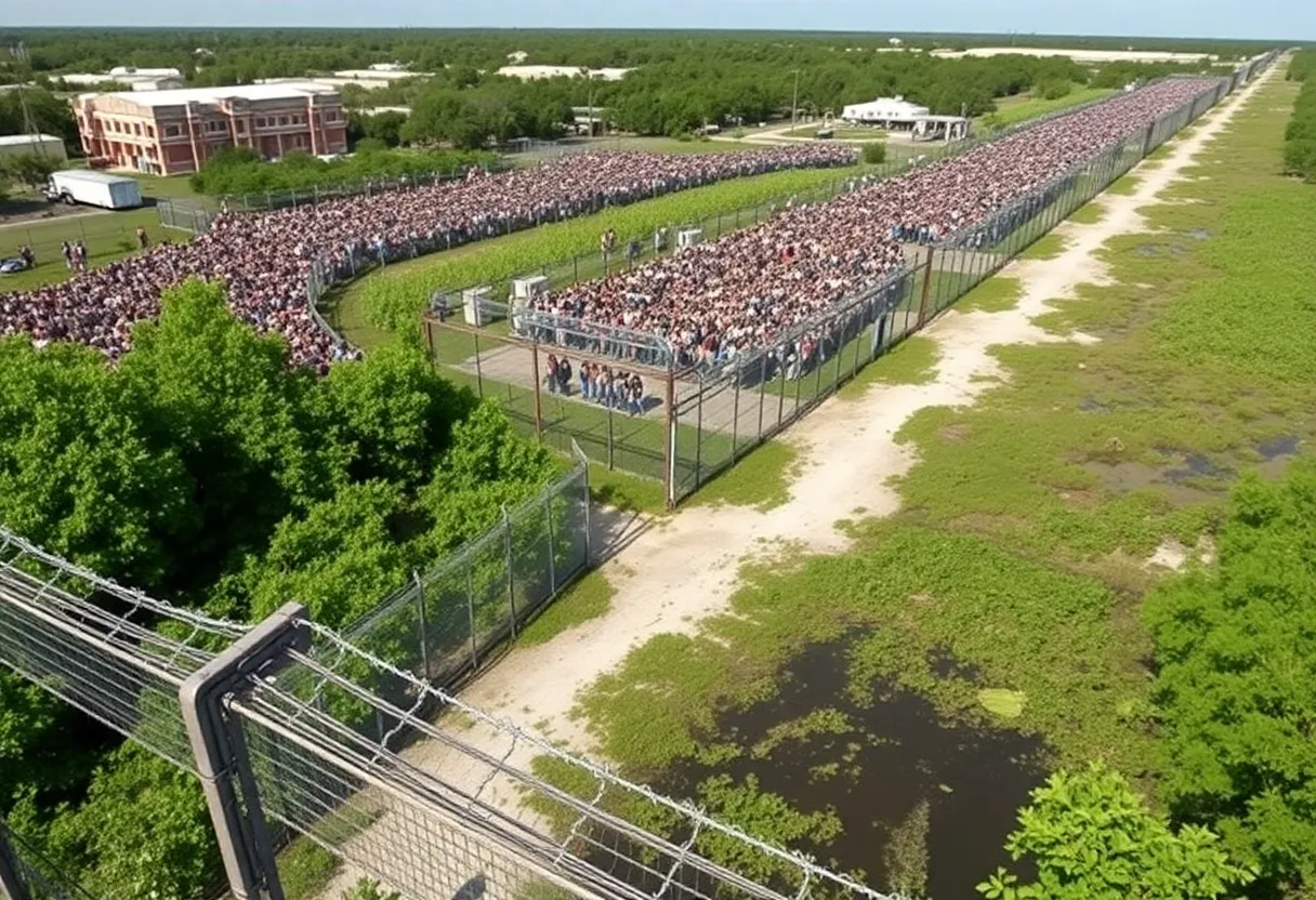 Crowded migrant detention facility in the Everglades