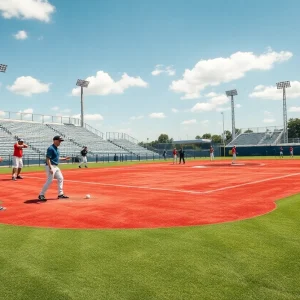 Baseball players in practice on an outdoor field.