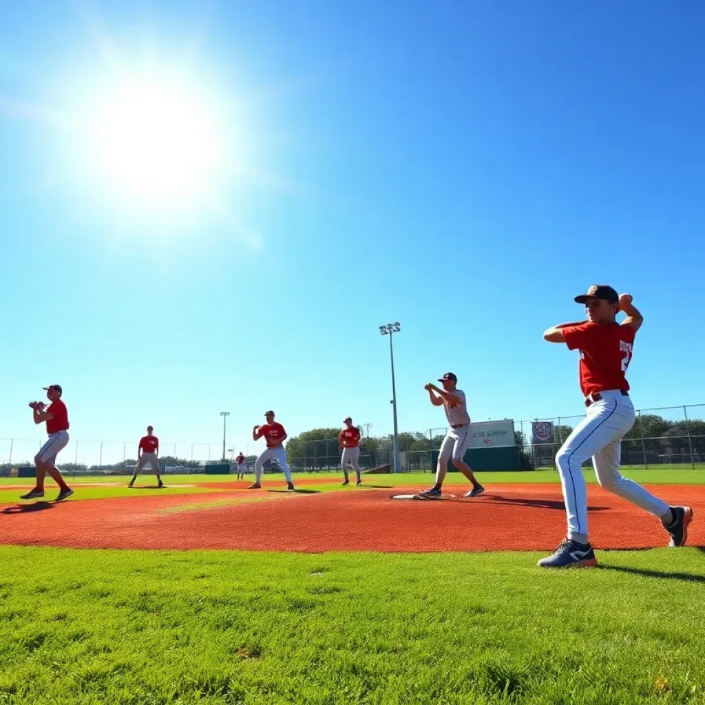 Young baseball players training on a college field