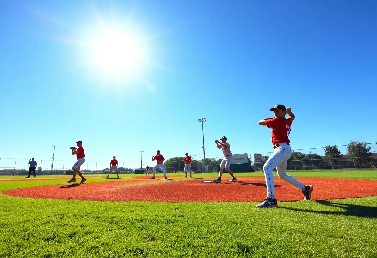 Young baseball players training on a college field