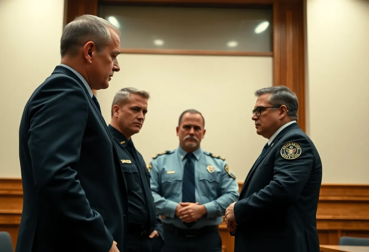 Courtroom scene indicating a federal indictment involving law enforcement officials.