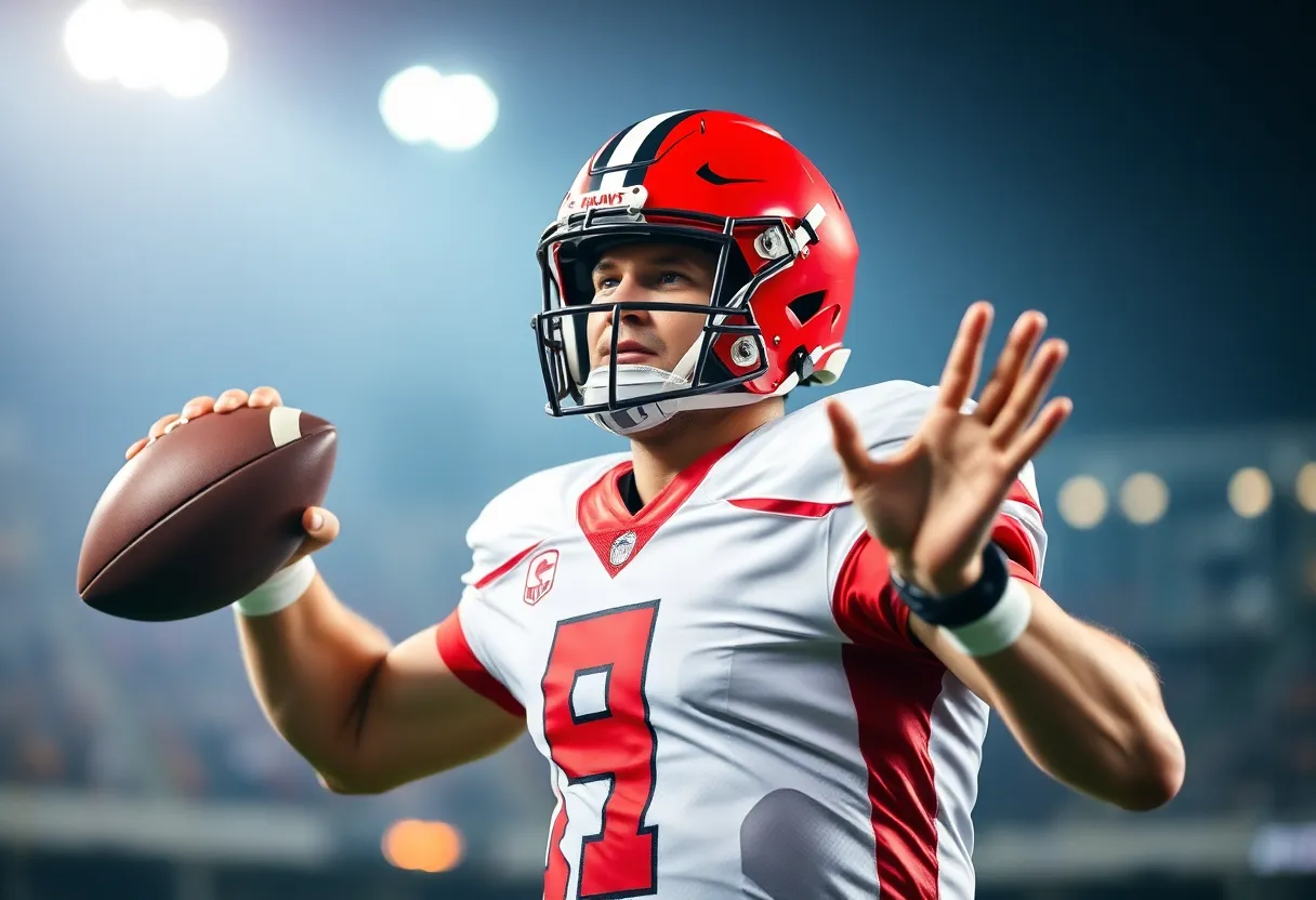 Quarterback in a passing pose during college football game.