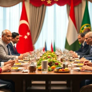 World leaders engaging in a diplomatic lunch discussion