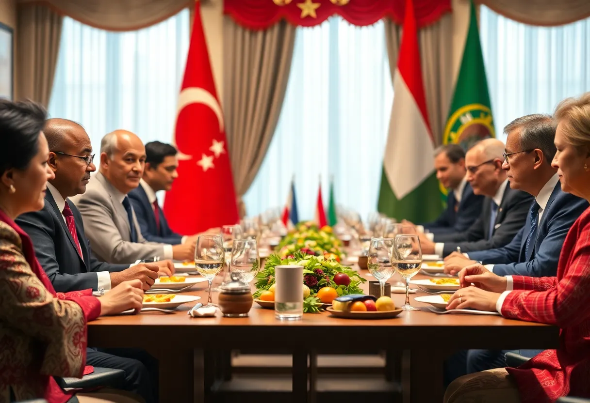 World leaders engaging in a diplomatic lunch discussion