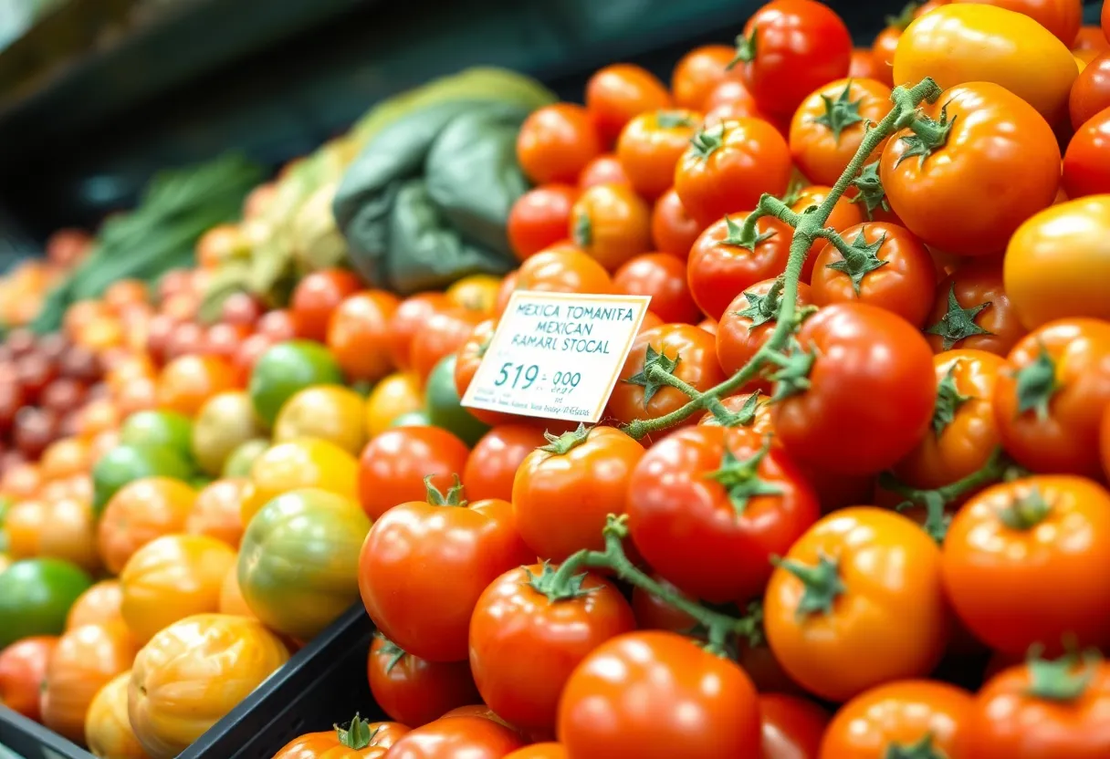 A variety of fresh Mexican tomatoes on display at a grocery store.