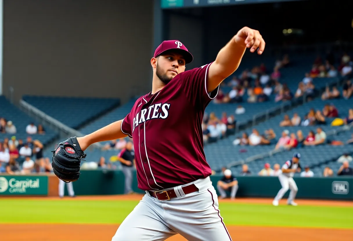 Baseball pitcher in a maroon jersey on the mound