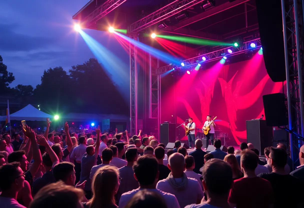 Lively concert scene of the Marcus King Band performing with an energetic crowd