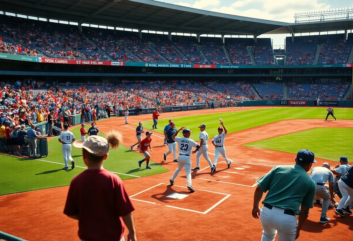 Young baseball players showcasing their talent at a draft event