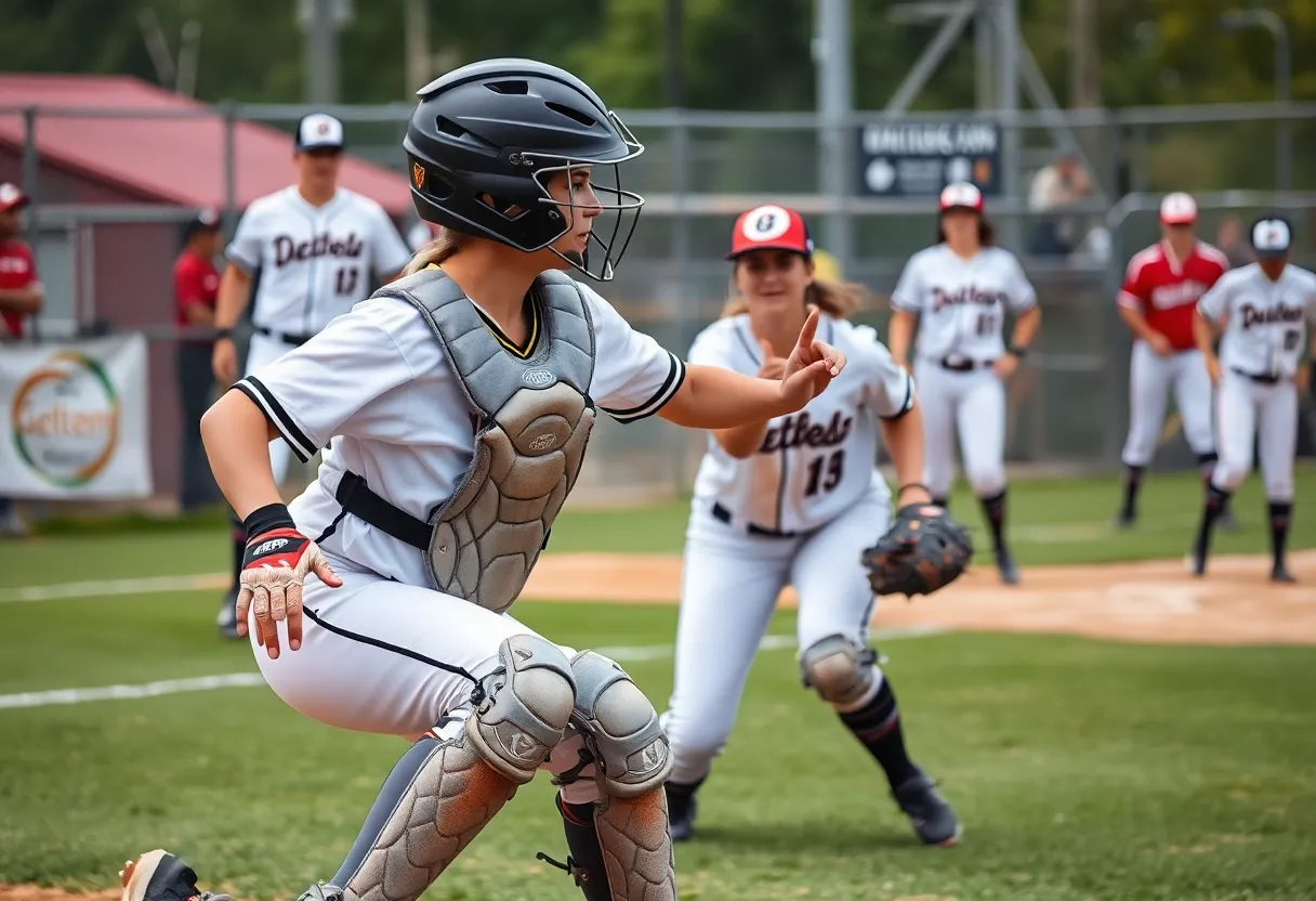 Catcher in action during a softball game.
