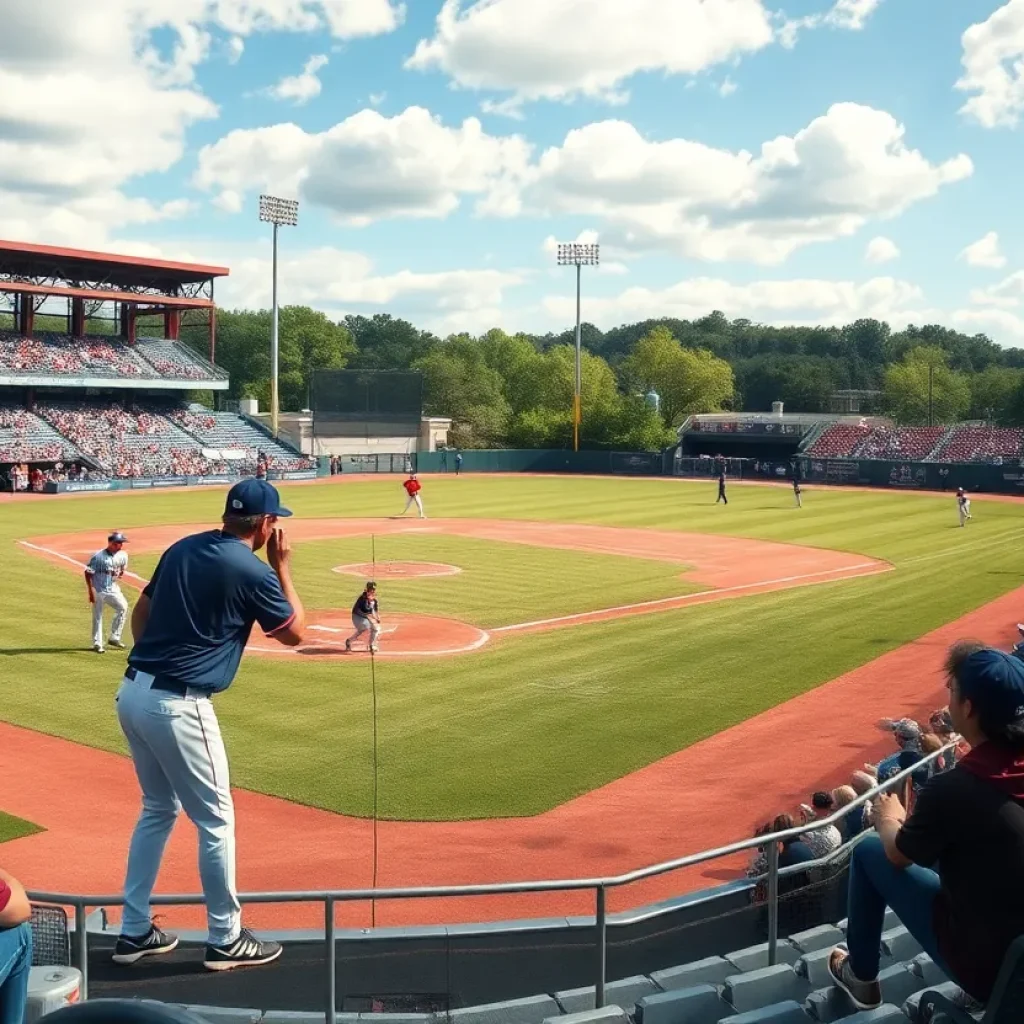Dynamic baseball scene at Mississippi State University with players on the field.