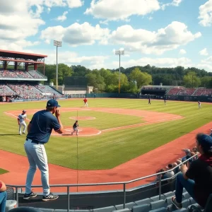 Dynamic baseball scene at Mississippi State University with players on the field.