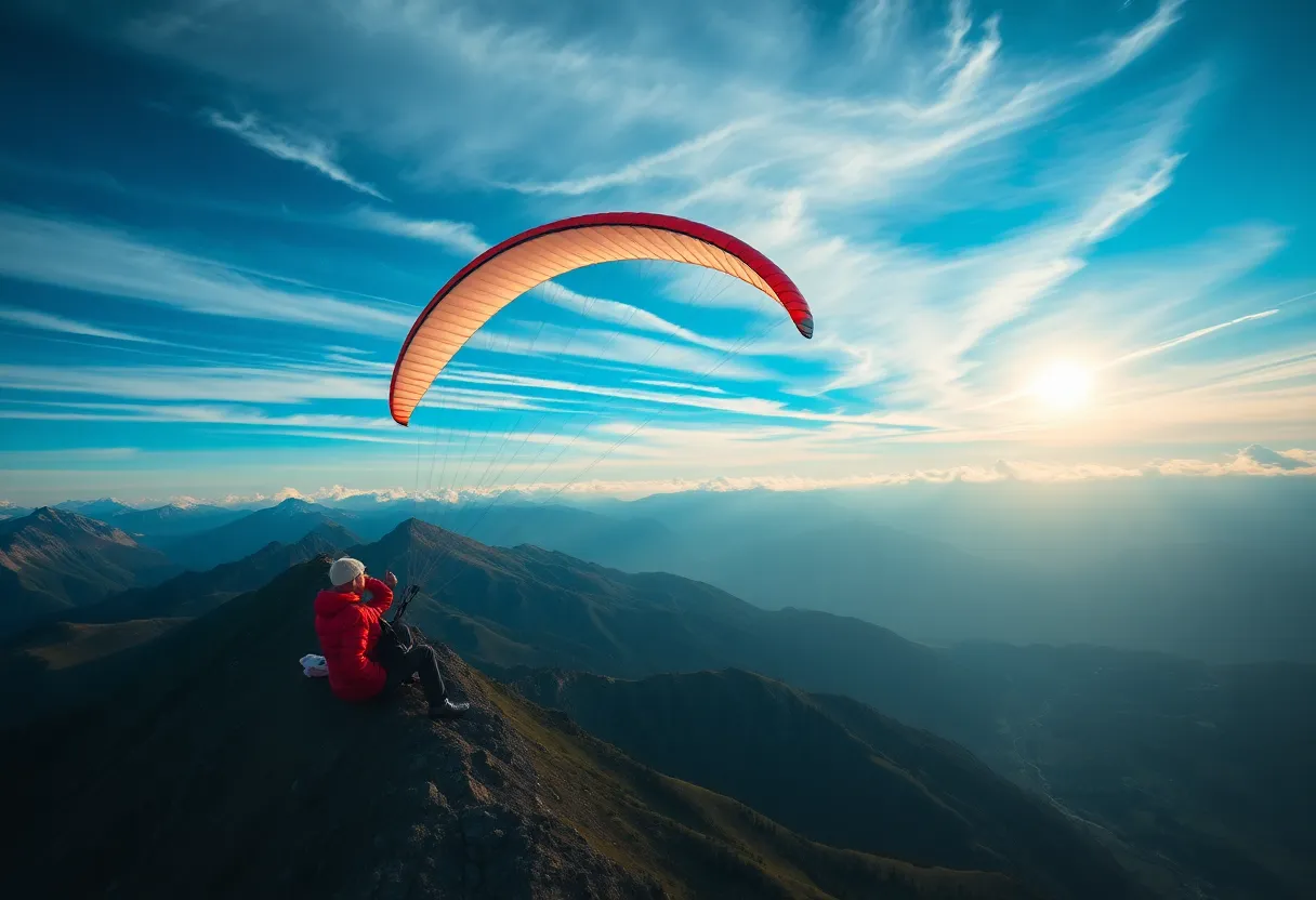 Daring paragliding scene with mountains and a vivid sky