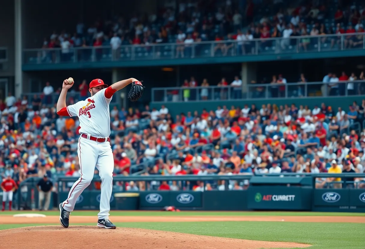 A pitcher throwing a fastball in a baseball game.
