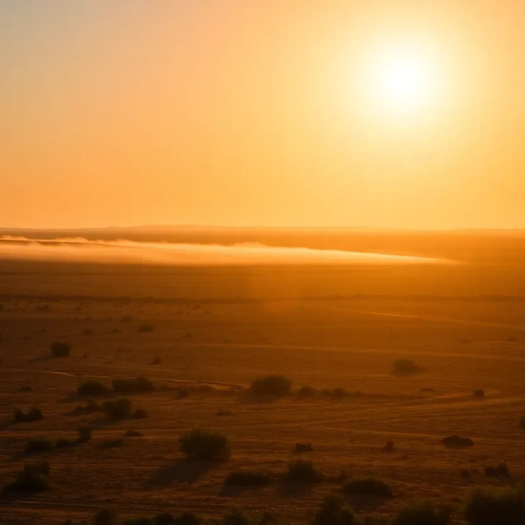 A landscape depicting the effects of a severe heatwave in the United States, with visible heat distortion and dry terrain.