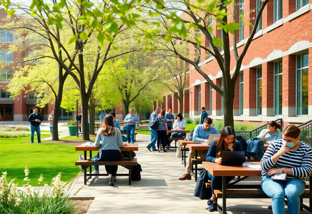 Students on the university campus engaged in academic activities