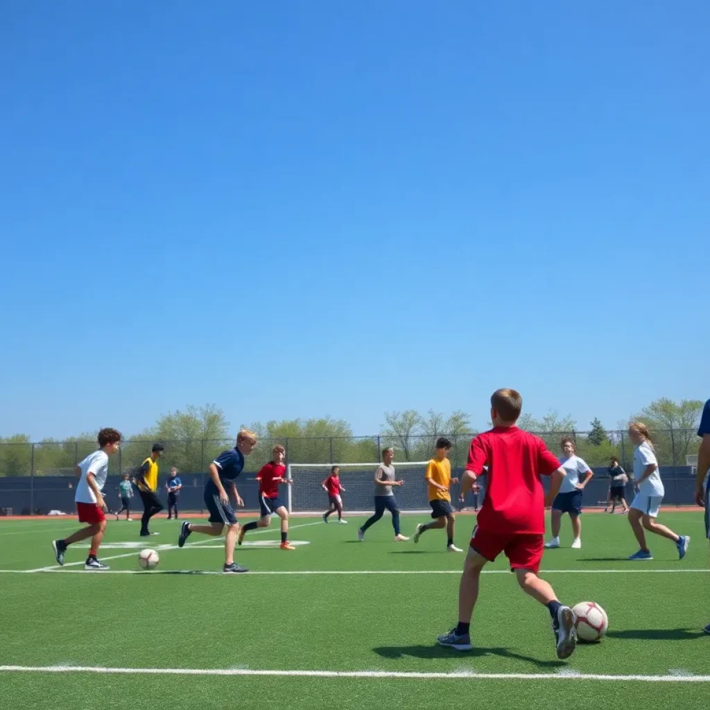 Athletic field at Starkville Academy with students participating in sports activities