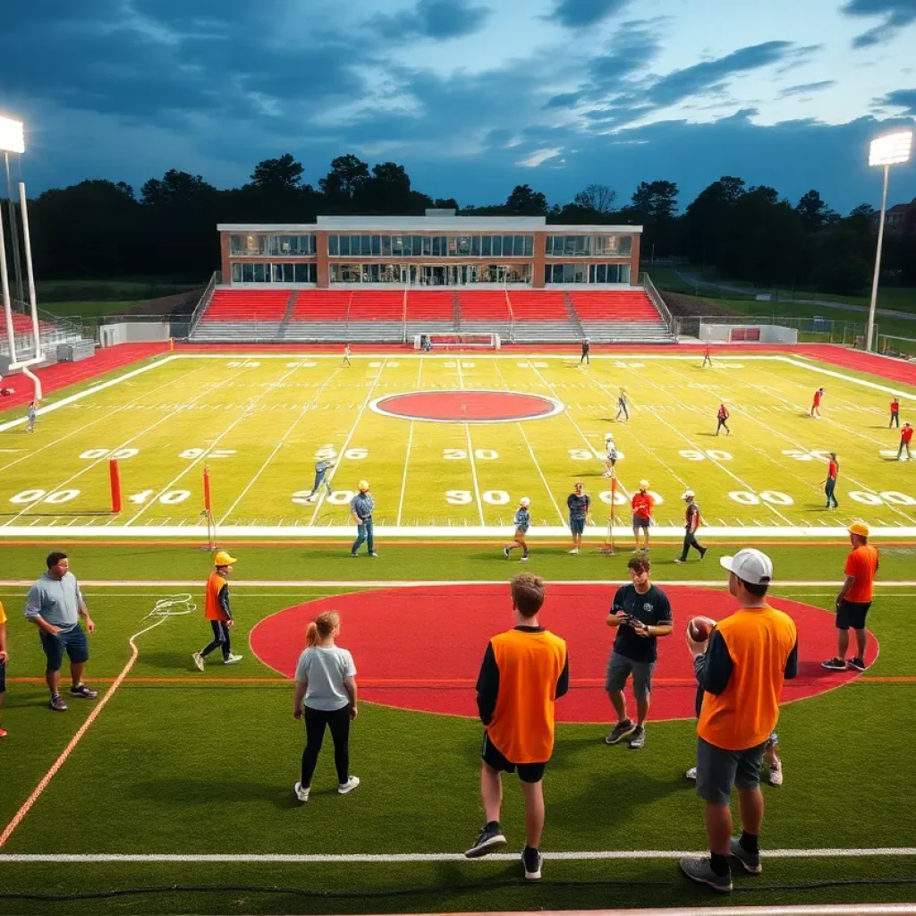 Renovated athletic facilities at Starkville High School with turf football field and construction activities.