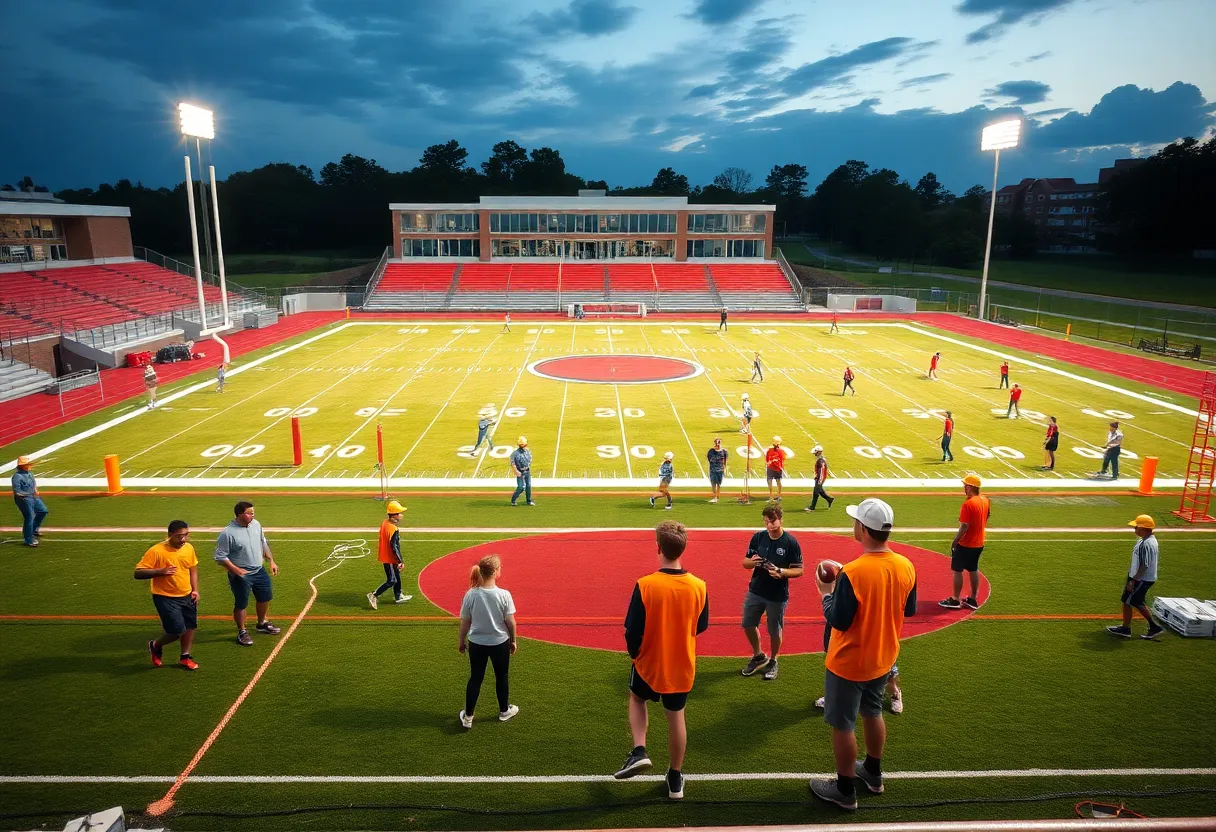 Renovated athletic facilities at Starkville High School with turf football field and construction activities.