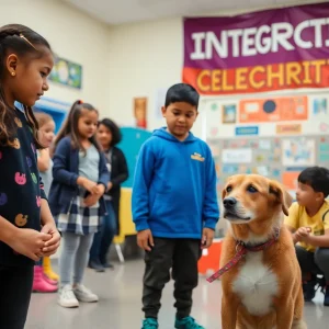 Students engaged in school activities with a therapy dog