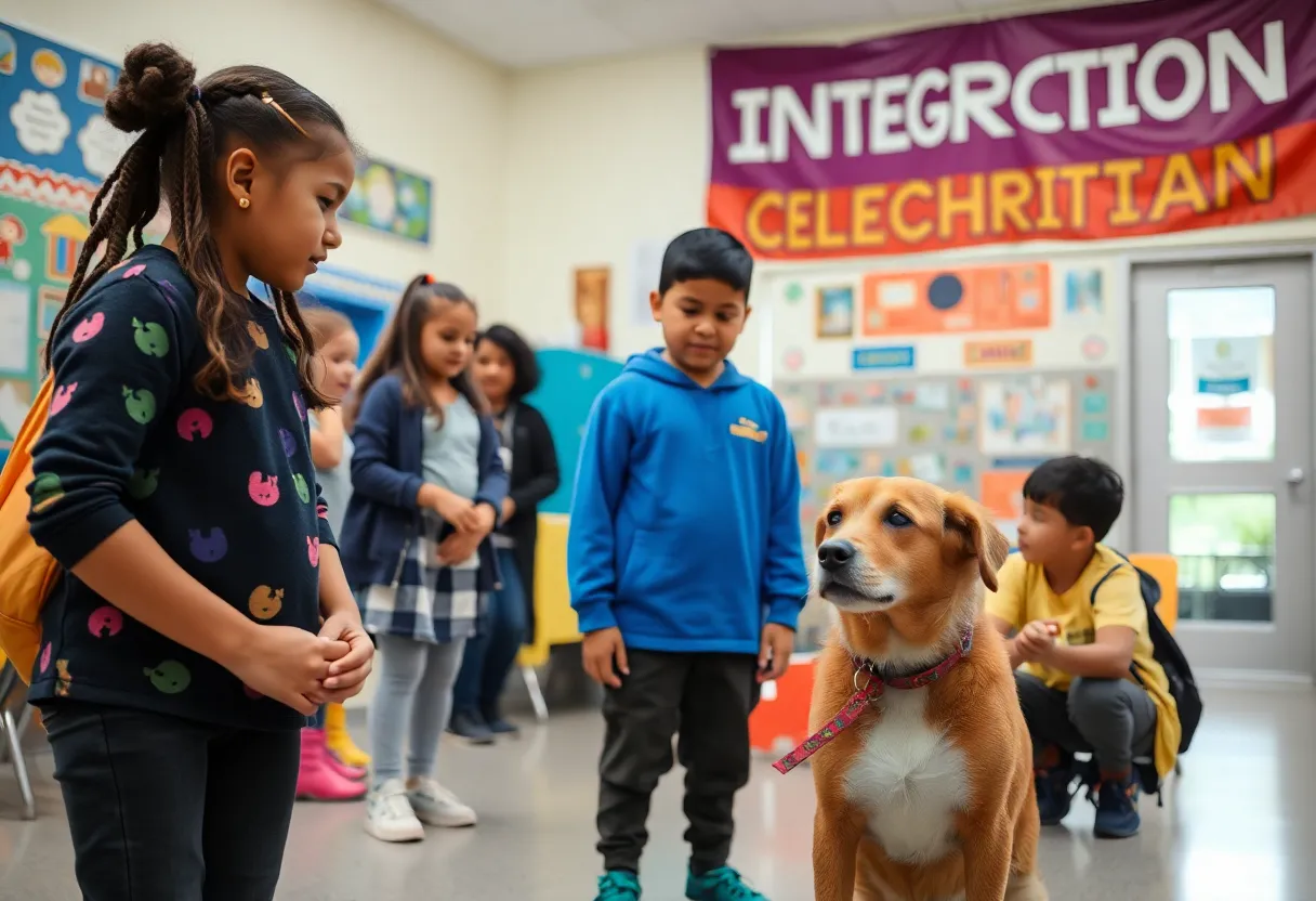 Students engaged in school activities with a therapy dog
