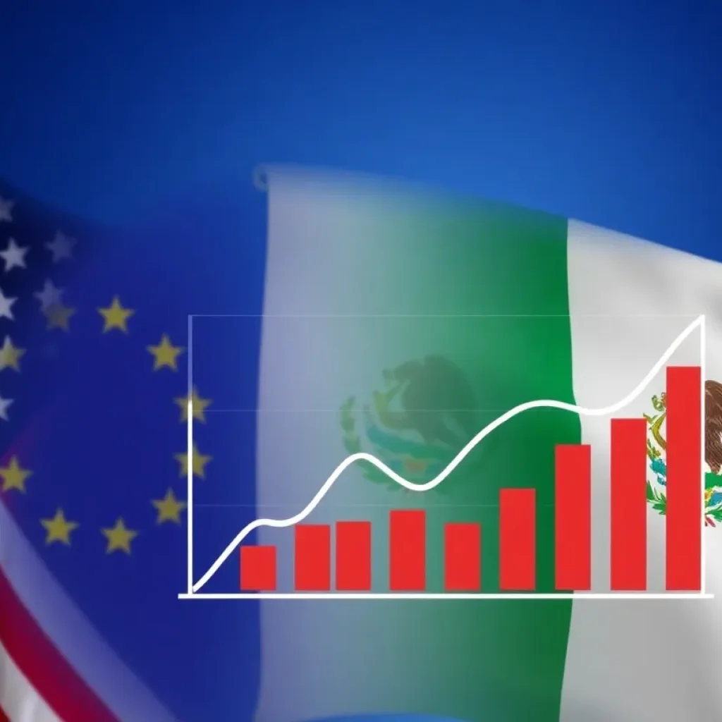 Symbolic representation of trade tariffs involving the U.S., EU, and Mexico.