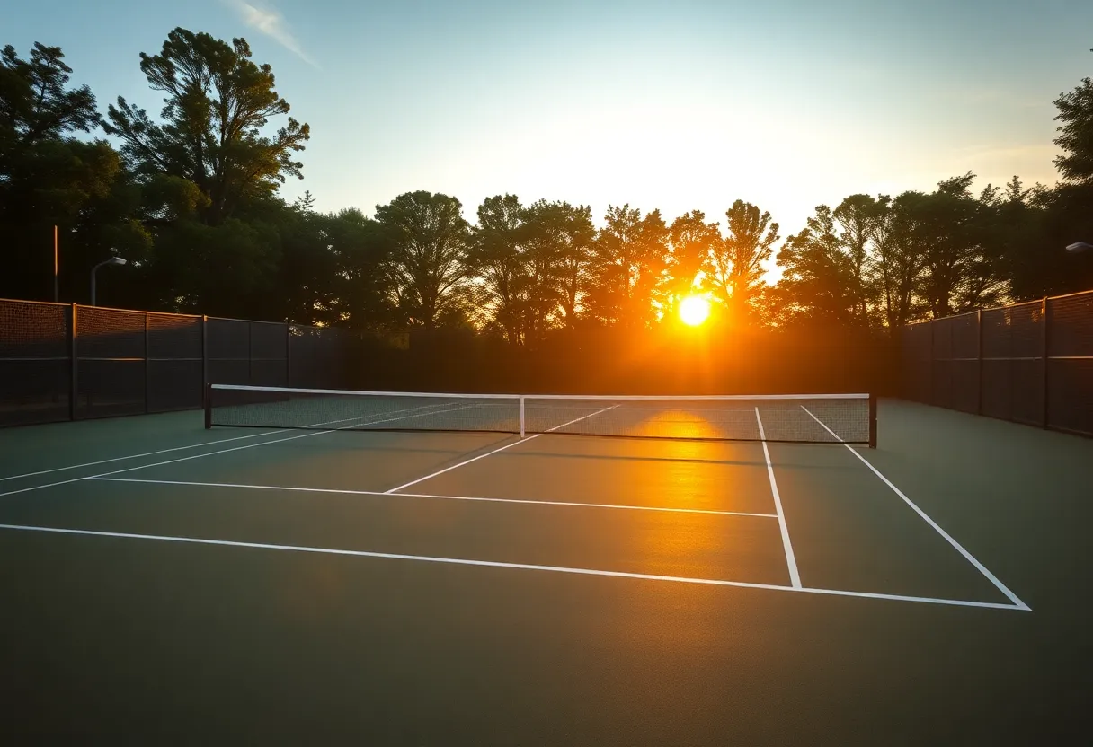 A tranquil tennis court bathed in sunset light, representing community love and sports.