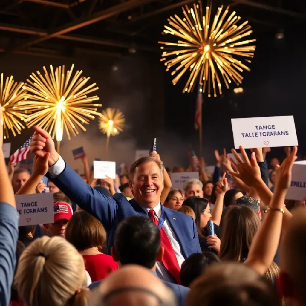 Crowd celebrating at Trump Iowa rally with fireworks