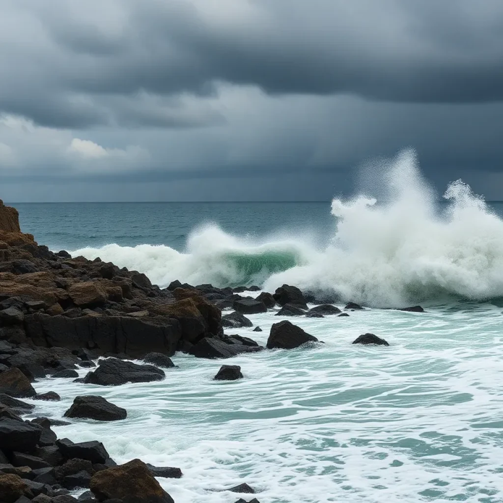 A large tsunami wave crashing against the shore after an earthquake, with dark clouds in the sky