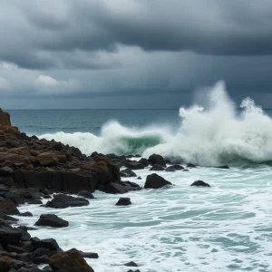 A large tsunami wave crashing against the shore after an earthquake, with dark clouds in the sky