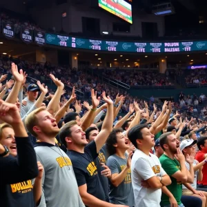 Fans cheering for Mississippi State Bulldogs at the basketball game in Tupelo