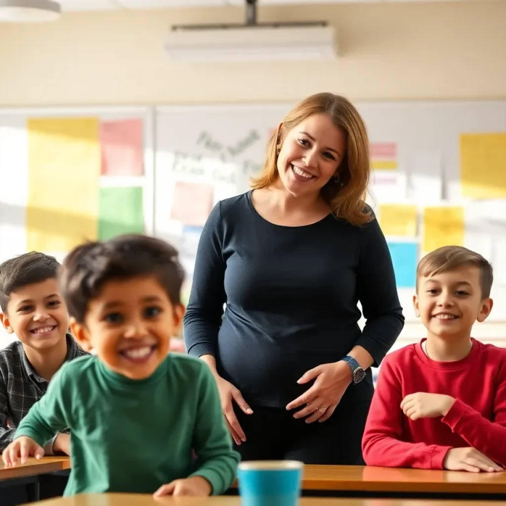 A classroom scene with a supportive teacher and engaged students