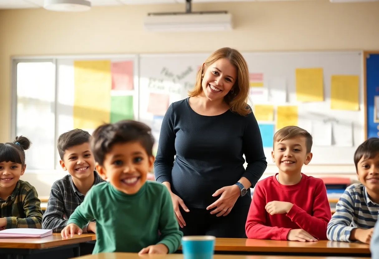 A classroom scene with a supportive teacher and engaged students