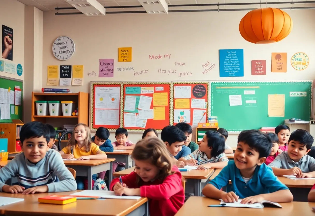 Classroom filled with engaged students and educational decorations.