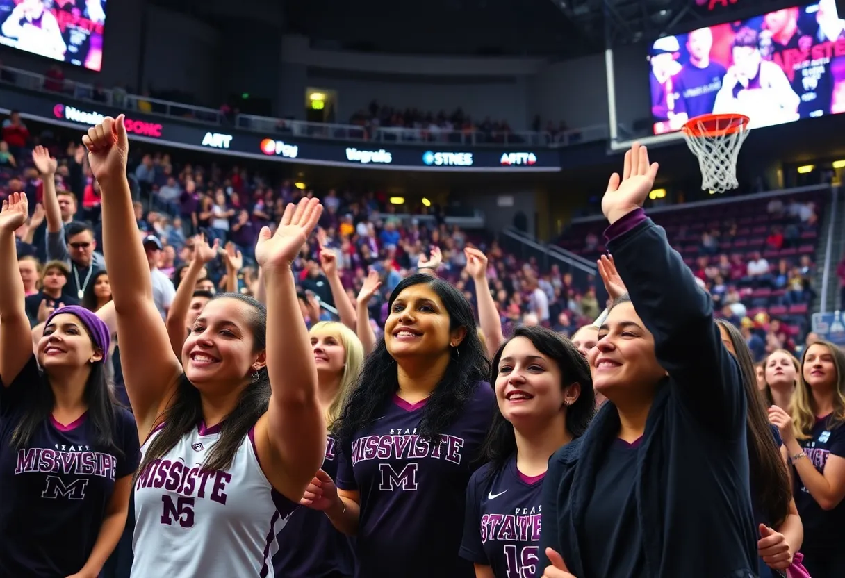 Fans cheering for the Mississippi State women's basketball team in an arena