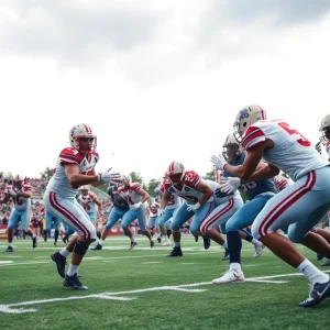 Mississippi State Bulldogs players executing defensive strategies during a preseason scrimmage.