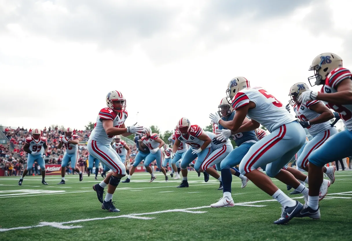 Mississippi State Bulldogs players executing defensive strategies during a preseason scrimmage.