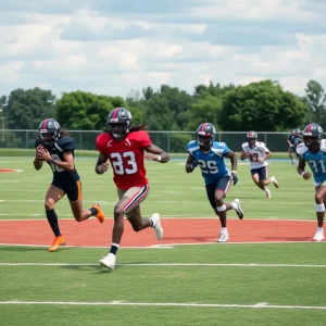 Wide receivers from the Mississippi State Bulldogs practicing on the field