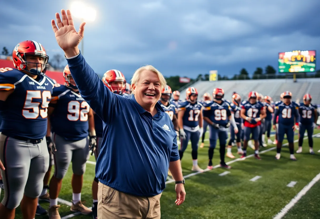 Coach celebrating a football award with players
