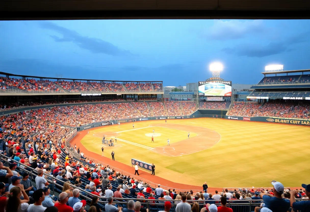 Crowd enjoying a college baseball game at Blue Wahoos Stadium