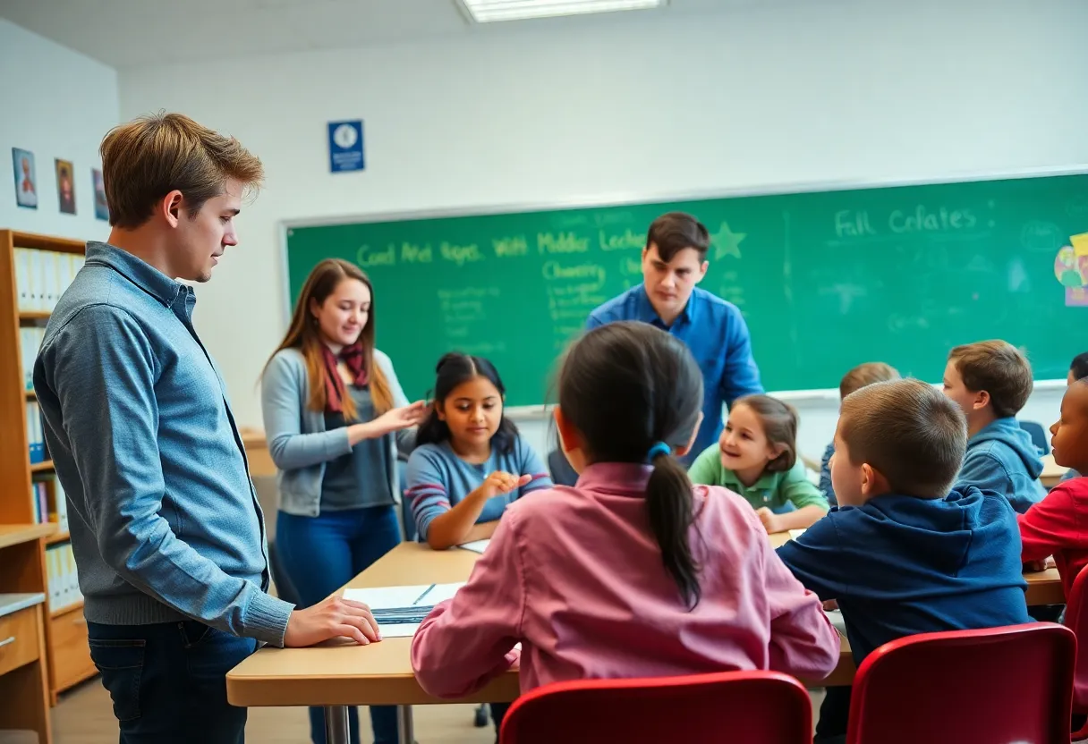 College students interacting with middle school students in a classroom setting