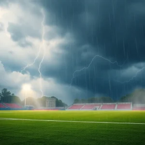 Soccer field with heavy rain and dark clouds