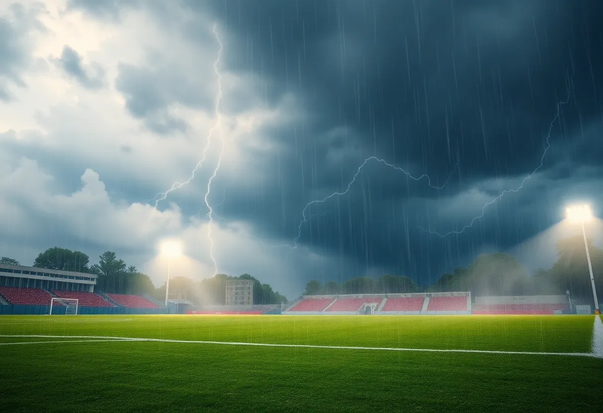 Soccer field with heavy rain and dark clouds