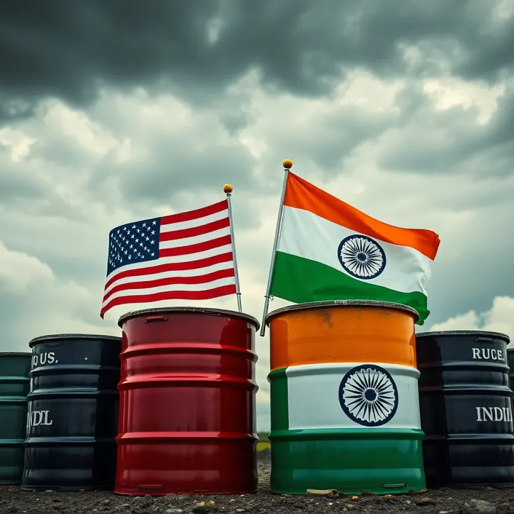 Illustration showing U.S. and Indian flags on oil barrels representing trade tensions.