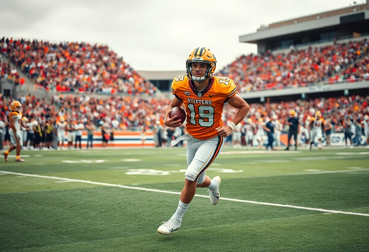 College football player rushing on the field