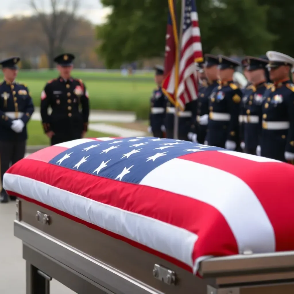 Ceremony for military honors with soldiers and a flag-draped coffin