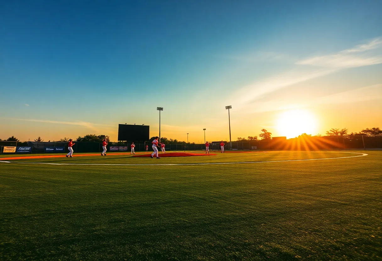 Mississippi State Baseball players practicing on the field during sunset