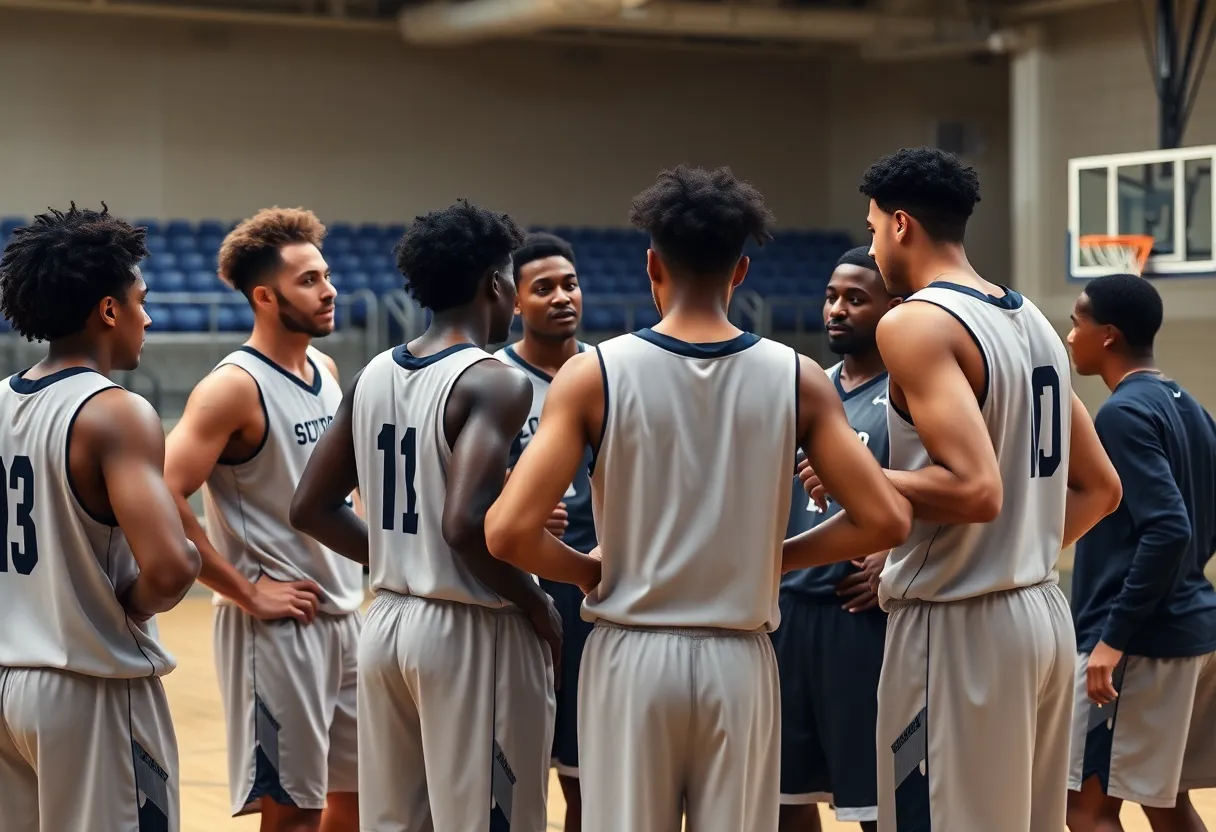 Mississippi State basketball players practicing together demonstrating teamwork.